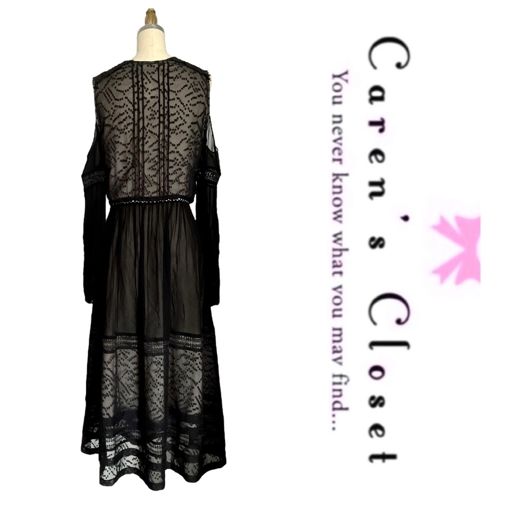 Karen Milan Black Chiffon Lace Cold Shoulder Midi Cocktail Dress - Picture 10 of 10